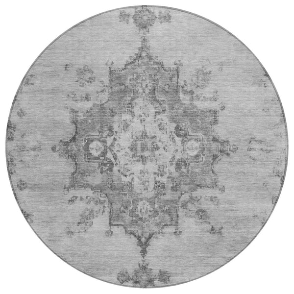 HomeRoots 8' Gray and Silver Round Medallion Rug - Stylish, Washable, Indoor/Outdoor Area Rug for Easy Care 659212