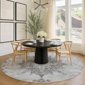 HomeRoots 8' Gray and Silver Round Medallion Rug - Stylish, Washable, Indoor/Outdoor Area Rug for Easy Care 659212