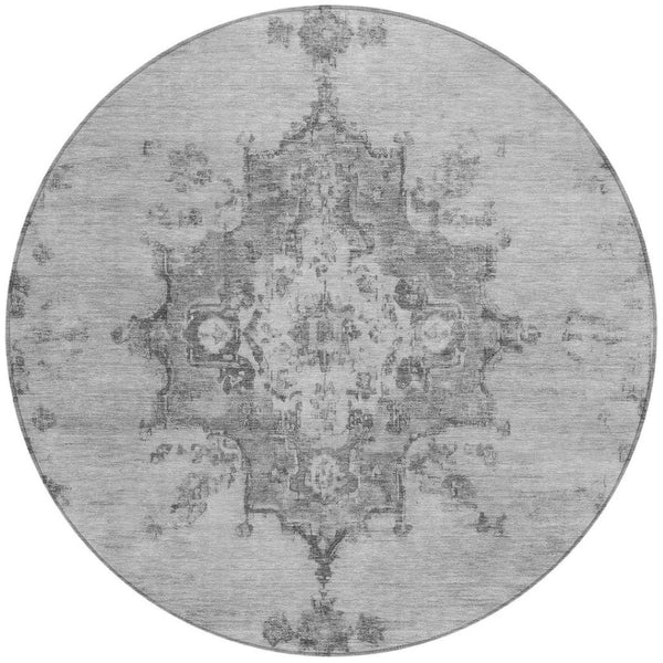 HomeRoots 8' Gray and Silver Round Medallion Rug - Stylish, Washable, Indoor/Outdoor Area Rug for Easy Care 659212