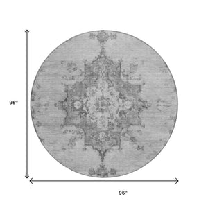 HomeRoots 8' Gray and Silver Round Medallion Rug - Stylish, Washable, Indoor/Outdoor Area Rug for Easy Care 659212