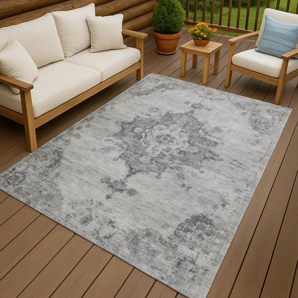 HomeRoots 8' X 10' Gray and Silver Medallion Washable Area Rug - Elegant, Durable, Indoor/Outdoor Versatility 659213