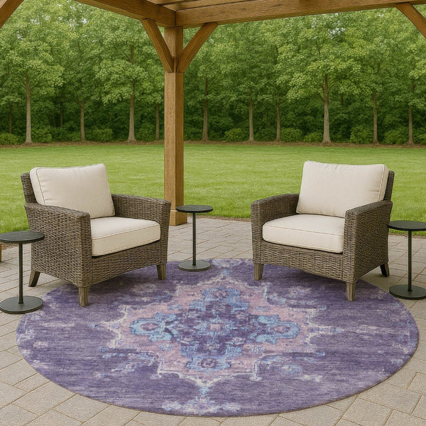 HomeRoots 8' Vibrant Purple and Blue Round Medallion Area Rug - Washable, Durable for Indoor & Outdoor Use 659218