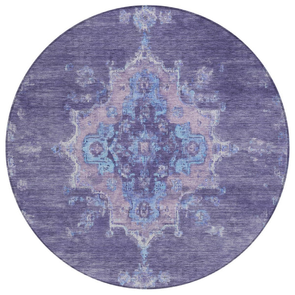 HomeRoots 8' Vibrant Purple and Blue Round Medallion Area Rug - Washable, Durable for Indoor & Outdoor Use 659218