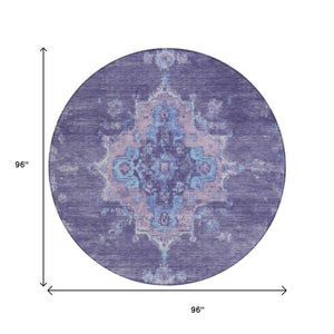 HomeRoots 8' Vibrant Purple and Blue Round Medallion Area Rug - Washable, Durable for Indoor & Outdoor Use 659218