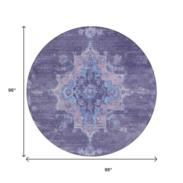 HomeRoots 8' Vibrant Purple and Blue Round Medallion Area Rug - Washable, Durable for Indoor & Outdoor Use 659218