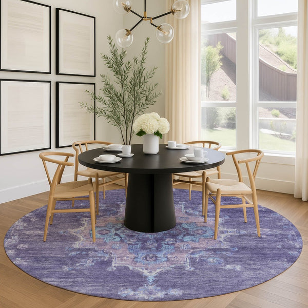 HomeRoots 8' Vibrant Purple and Blue Round Medallion Area Rug - Washable, Durable for Indoor & Outdoor Use 659218