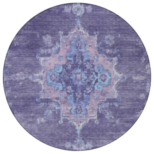 HomeRoots 8' Vibrant Purple and Blue Round Medallion Area Rug - Washable, Durable for Indoor & Outdoor Use 659218
