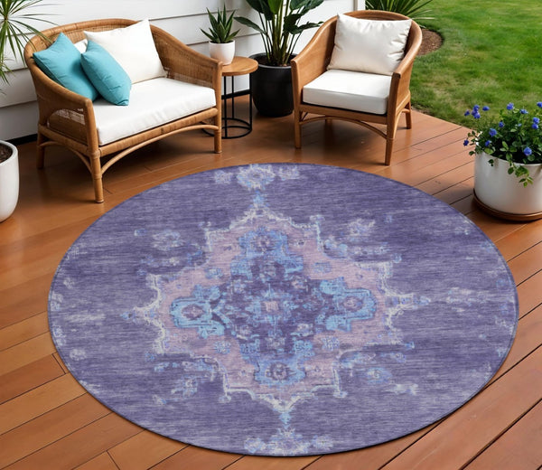 HomeRoots 8' Vibrant Purple and Blue Round Medallion Area Rug - Washable, Durable for Indoor & Outdoor Use 659218