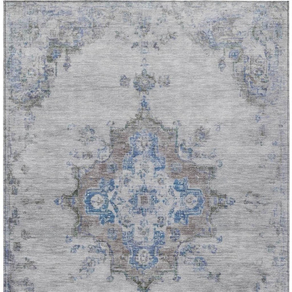 HomeRoots 5' Classic Silver and Blue Medallion Washable Area Rug - Durable, Stylish for Indoor & Outdoor Use 659223