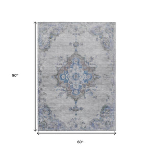 HomeRoots 5' Classic Silver and Blue Medallion Washable Area Rug - Durable, Stylish for Indoor & Outdoor Use 659223