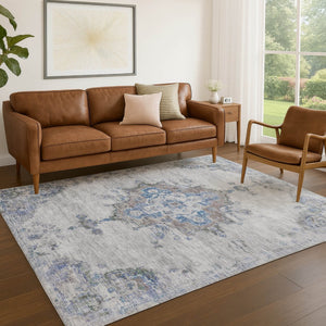 HomeRoots 5' Classic Silver and Blue Medallion Washable Area Rug - Durable, Stylish for Indoor & Outdoor Use 659223