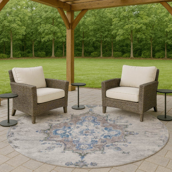 HomeRoots 8' Silver and Blue Round Medallion Area Rug - Stylish, Washable, Indoor/Outdoor, Stain-Resistant Design 659224