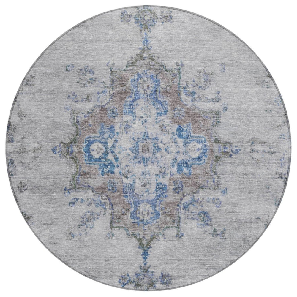 HomeRoots 8' Silver and Blue Round Medallion Area Rug - Stylish, Washable, Indoor/Outdoor, Stain-Resistant Design 659224