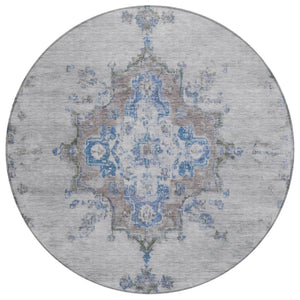 HomeRoots 8' Silver and Blue Round Medallion Area Rug - Stylish, Washable, Indoor/Outdoor, Stain-Resistant Design 659224