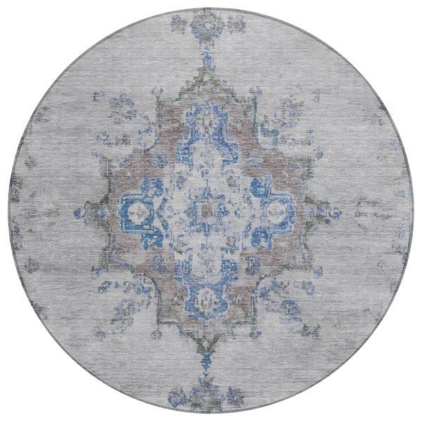 HomeRoots 8' Silver and Blue Round Medallion Area Rug - Stylish, Washable, Indoor/Outdoor, Stain-Resistant Design 659224