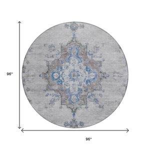 HomeRoots 8' Silver and Blue Round Medallion Area Rug - Stylish, Washable, Indoor/Outdoor, Stain-Resistant Design 659224