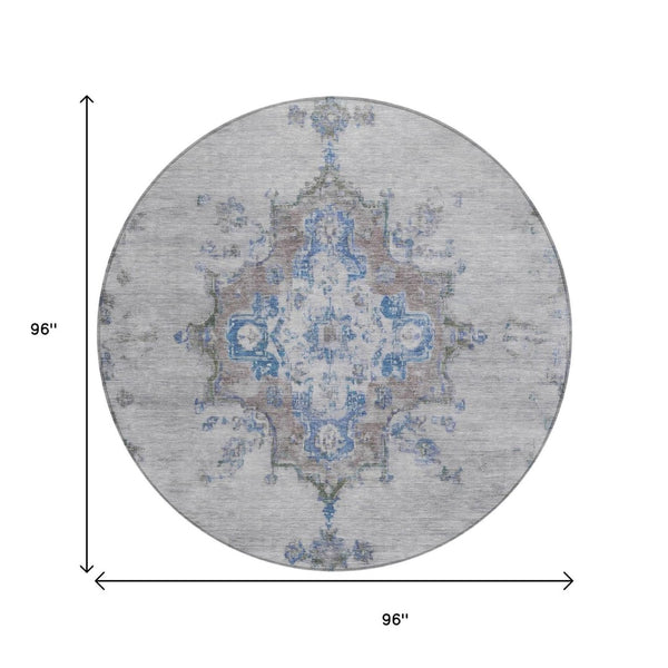 HomeRoots 8' Silver and Blue Round Medallion Area Rug - Stylish, Washable, Indoor/Outdoor, Stain-Resistant Design 659224