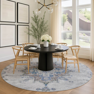 HomeRoots 8' Silver and Blue Round Medallion Area Rug - Stylish, Washable, Indoor/Outdoor, Stain-Resistant Design 659224