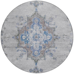 HomeRoots 8' Silver and Blue Round Medallion Area Rug - Stylish, Washable, Indoor/Outdoor, Stain-Resistant Design 659224