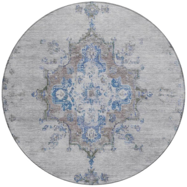 HomeRoots 8' Silver and Blue Round Medallion Area Rug - Stylish, Washable, Indoor/Outdoor, Stain-Resistant Design 659224