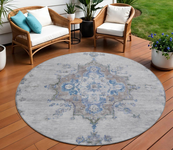 HomeRoots 8' Silver and Blue Round Medallion Area Rug - Stylish, Washable, Indoor/Outdoor, Stain-Resistant Design 659224