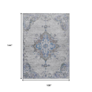 HomeRoots 9' Silver and Blue Medallion Area Rug – Washable, Durable, Stain-Resistant for Indoor & Outdoor Spaces 659226