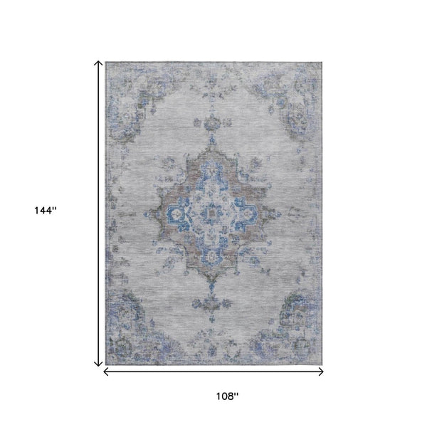 HomeRoots 9' Silver and Blue Medallion Area Rug – Washable, Durable, Stain-Resistant for Indoor & Outdoor Spaces 659226
