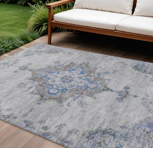 HomeRoots 9' Silver and Blue Medallion Area Rug – Washable, Durable, Stain-Resistant for Indoor & Outdoor Spaces 659226