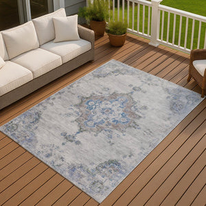 HomeRoots 9' Silver and Blue Medallion Area Rug – Washable, Durable, Stain-Resistant for Indoor & Outdoor Spaces 659226