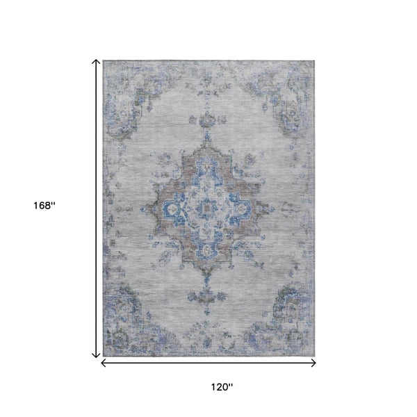 HomeRoots 10' Silver and Blue Medallion Area Rug - Washable Indoor/Outdoor Design for Style and Durability 659227