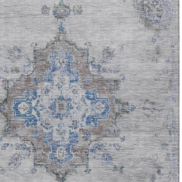 HomeRoots 10' Silver and Blue Medallion Area Rug - Washable Indoor/Outdoor Design for Style and Durability 659227