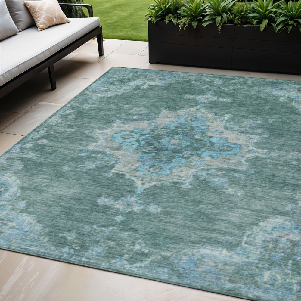 HomeRoots 5' Teal Blue & Gray Medallion Area Rug – Washable, Durable Design for Indoor & Outdoor Spaces 659229