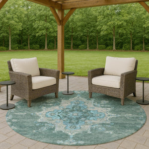 HomeRoots 8' Teal Blue and Gray Round Medallion Area Rug – Washable, Stain-Resistant for Indoor & Outdoor Use 659230