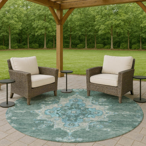 HomeRoots 8' Teal Blue and Gray Round Medallion Area Rug – Washable, Stain-Resistant for Indoor & Outdoor Use 659230