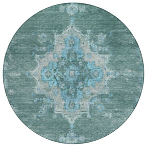 HomeRoots 8' Teal Blue and Gray Round Medallion Area Rug – Washable, Stain-Resistant for Indoor & Outdoor Use 659230