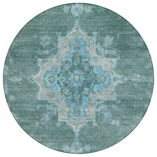 HomeRoots 8' Teal Blue and Gray Round Medallion Area Rug – Washable, Stain-Resistant for Indoor & Outdoor Use 659230