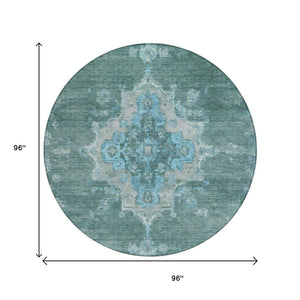 HomeRoots 8' Teal Blue and Gray Round Medallion Area Rug – Washable, Stain-Resistant for Indoor & Outdoor Use 659230