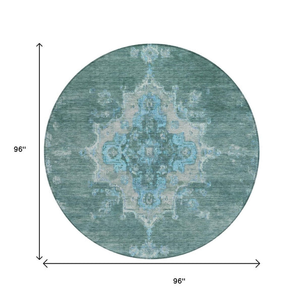 HomeRoots 8' Teal Blue and Gray Round Medallion Area Rug – Washable, Stain-Resistant for Indoor & Outdoor Use 659230