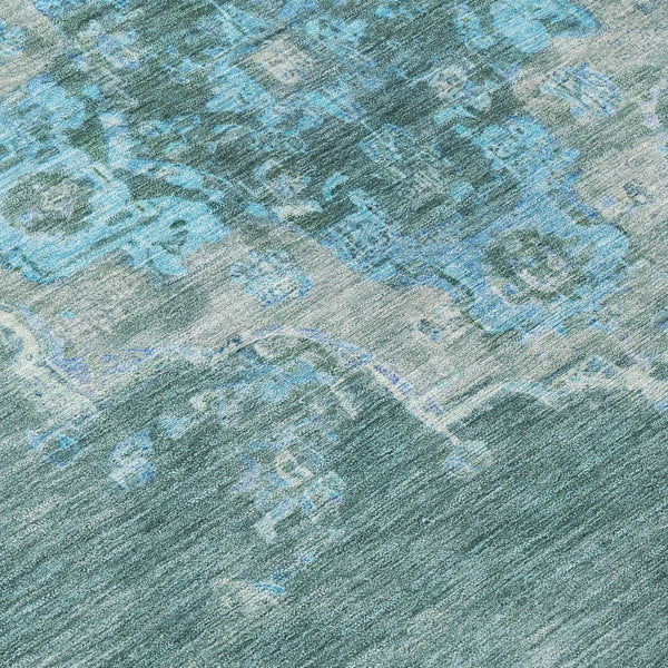 HomeRoots 8' Teal Blue and Gray Round Medallion Area Rug – Washable, Stain-Resistant for Indoor & Outdoor Use 659230