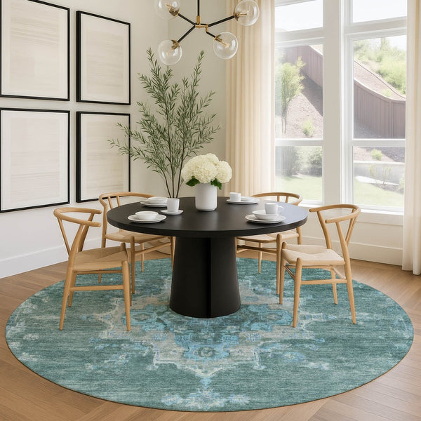 HomeRoots 8' Teal Blue and Gray Round Medallion Area Rug – Washable, Stain-Resistant for Indoor & Outdoor Use 659230