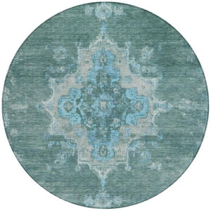 HomeRoots 8' Teal Blue and Gray Round Medallion Area Rug – Washable, Stain-Resistant for Indoor & Outdoor Use 659230