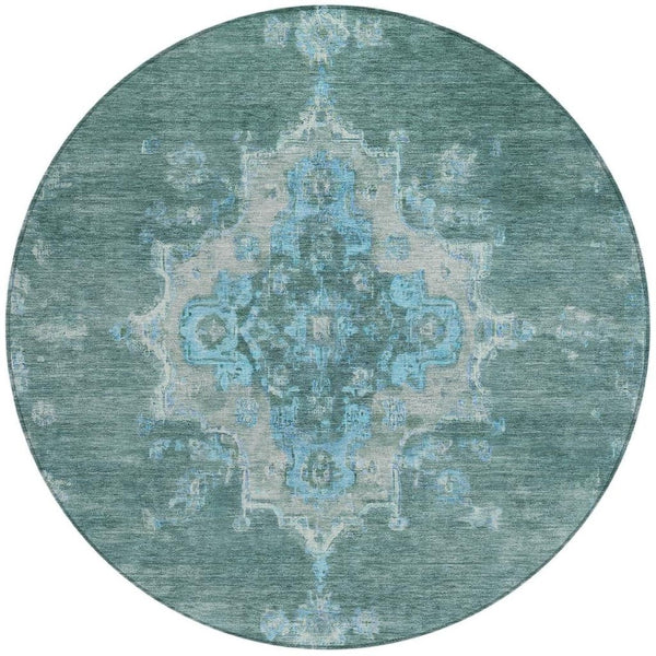 HomeRoots 8' Teal Blue and Gray Round Medallion Area Rug – Washable, Stain-Resistant for Indoor & Outdoor Use 659230