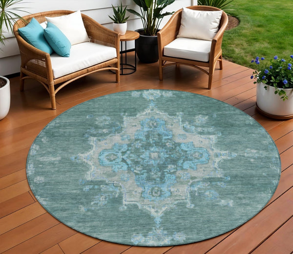 HomeRoots 8' Teal Blue and Gray Round Medallion Area Rug – Washable, Stain-Resistant for Indoor & Outdoor Use 659230