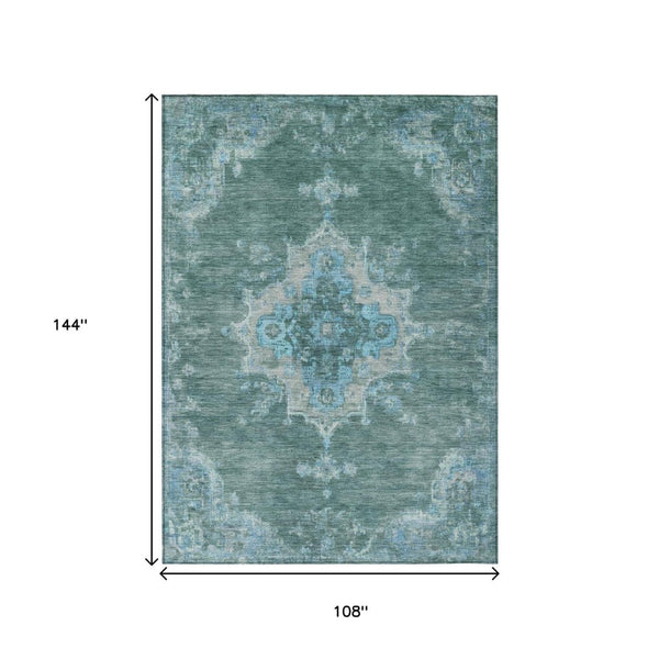 HomeRoots 9' X 12' Teal Blue & Gray Medallion Indoor/Outdoor Rug - Durable, Washable, Stylish for Any Space! 659232