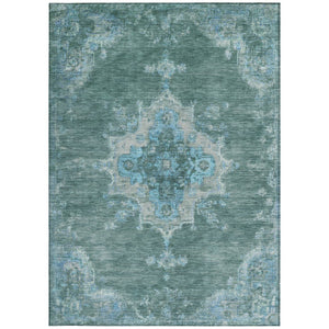HomeRoots 10' X 14' Teal Blue and Gray Medallion Area Rug – Washable, Indoor/Outdoor, Stain-Resistant, Durable 659233