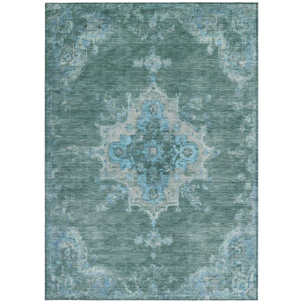 HomeRoots 10' X 14' Teal Blue and Gray Medallion Area Rug – Washable, Indoor/Outdoor, Stain-Resistant, Durable 659233