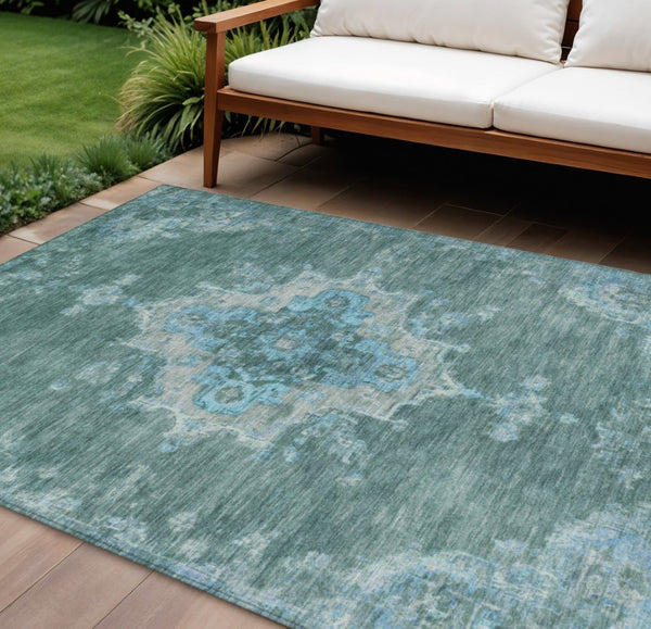 HomeRoots 10' X 14' Teal Blue and Gray Medallion Area Rug – Washable, Indoor/Outdoor, Stain-Resistant, Durable 659233