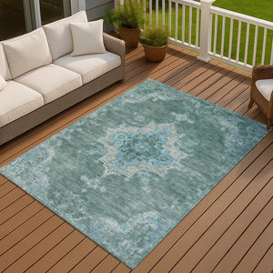 HomeRoots 10' X 14' Teal Blue and Gray Medallion Area Rug – Washable, Indoor/Outdoor, Stain-Resistant, Durable 659233