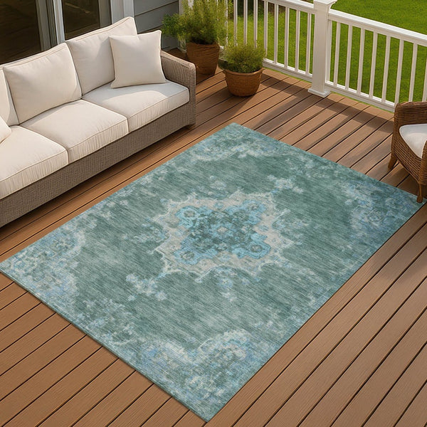 HomeRoots 10' X 14' Teal Blue and Gray Medallion Area Rug – Washable, Indoor/Outdoor, Stain-Resistant, Durable 659233