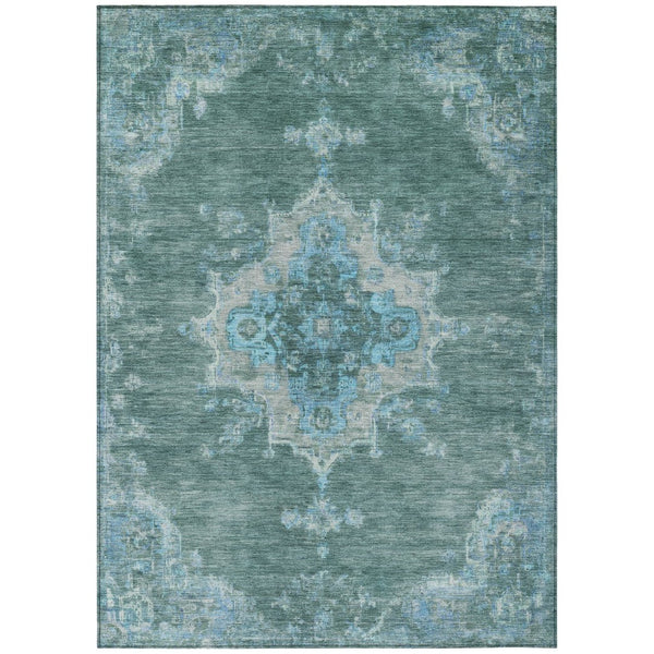 HomeRoots 10' X 14' Teal Blue and Gray Medallion Area Rug – Washable, Indoor/Outdoor, Stain-Resistant, Durable 659233